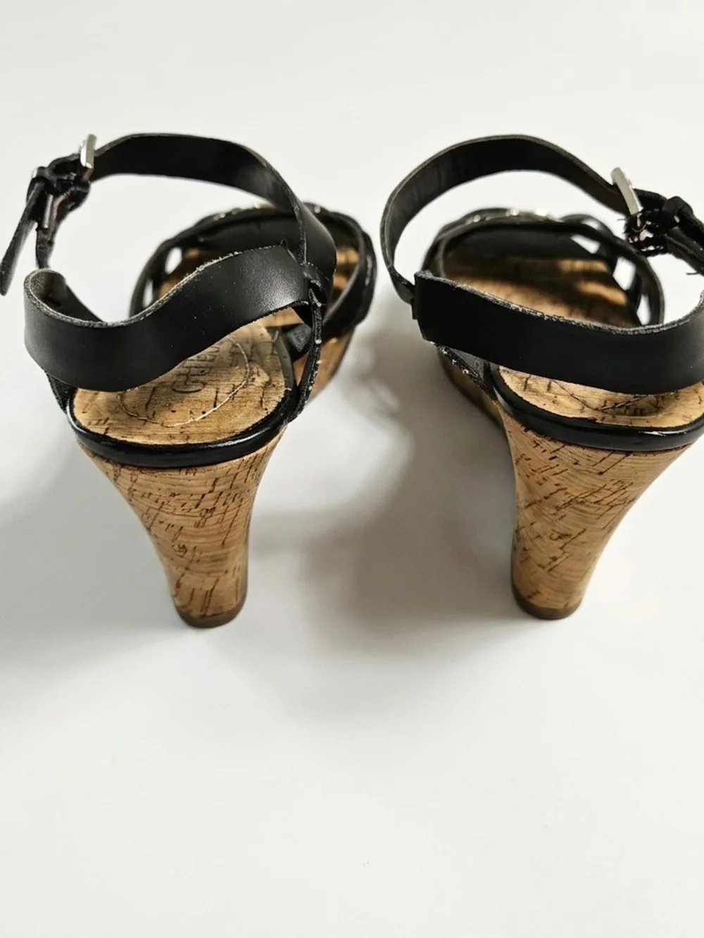 Guess Black Strappy Cork Platform Wedge Sandals Silver G Logo Size 8
